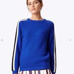 Tory Burch Val 100% Wool Striped Sleeve Sweater Blue Dahlia Varsity Stripe XL